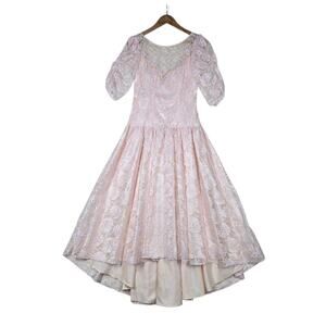 Vintage 80s Lace High Low Dress 9/10 Pink Prom Romantic Cottagecore Puff Sleeve